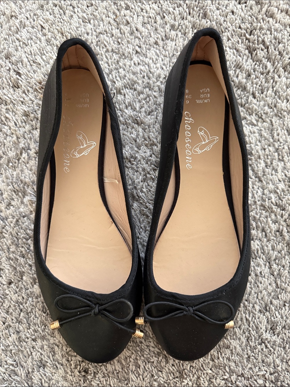 Black Women's Ballet Flats with Gold-Tip Bow